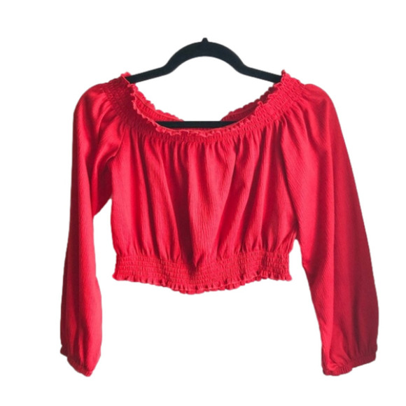 𝅺H&M Red Crop Peasant Top - Picture 1 of 5